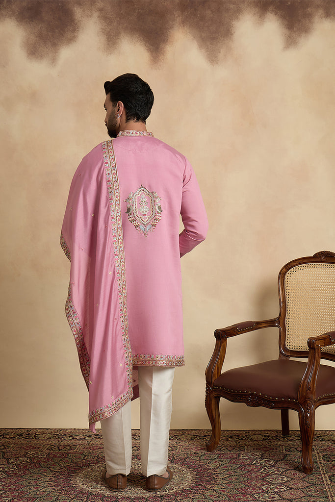 Pink Silk Blend Solid Embroidered Kurta With Dupatta MKUD1071