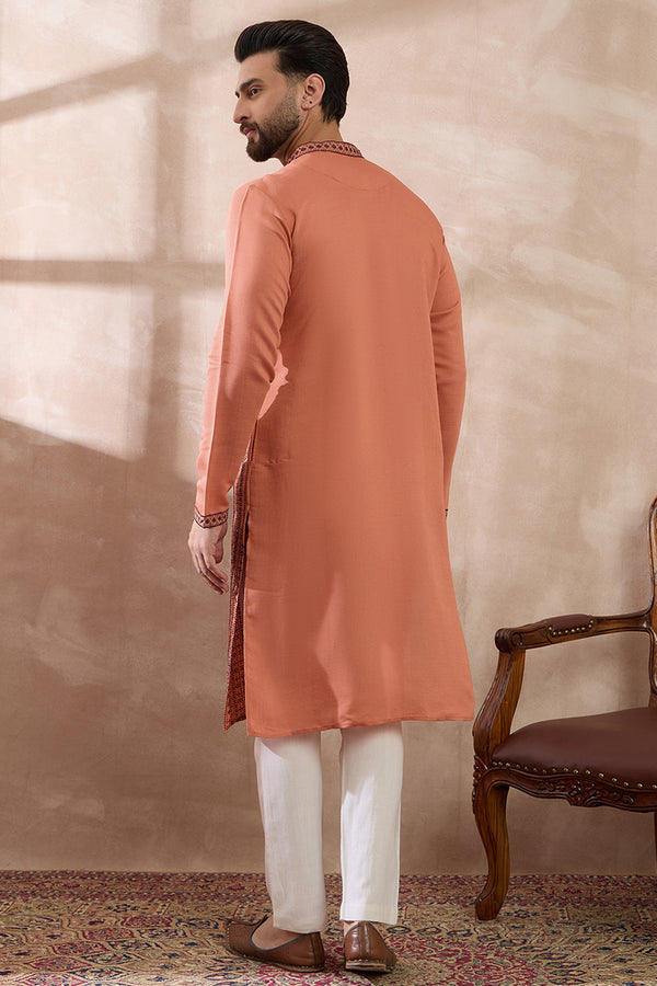 Orange Silk Blend Embroidered Mandarin Collar Straight Kurta With Trouser MKSET2043