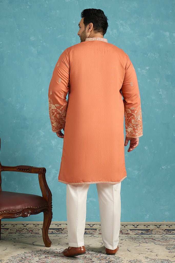 Peach Silk Blend Solid Thread Work Embroidered Kurta MKU1935