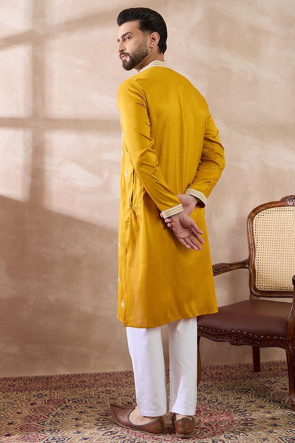 Yellow Silk Blend Embroidered Mandarin Collar Straight Kurta With Trouser MKSET1794