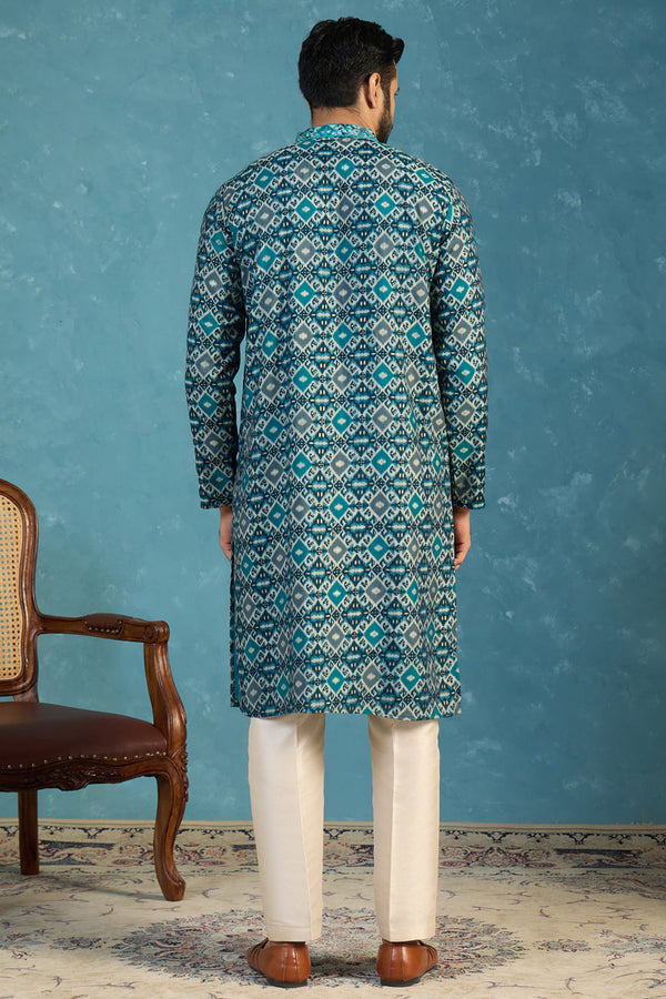 Sea Green Silk Blend Ethnic Motifs Ikat Printed Kurta MKU1893