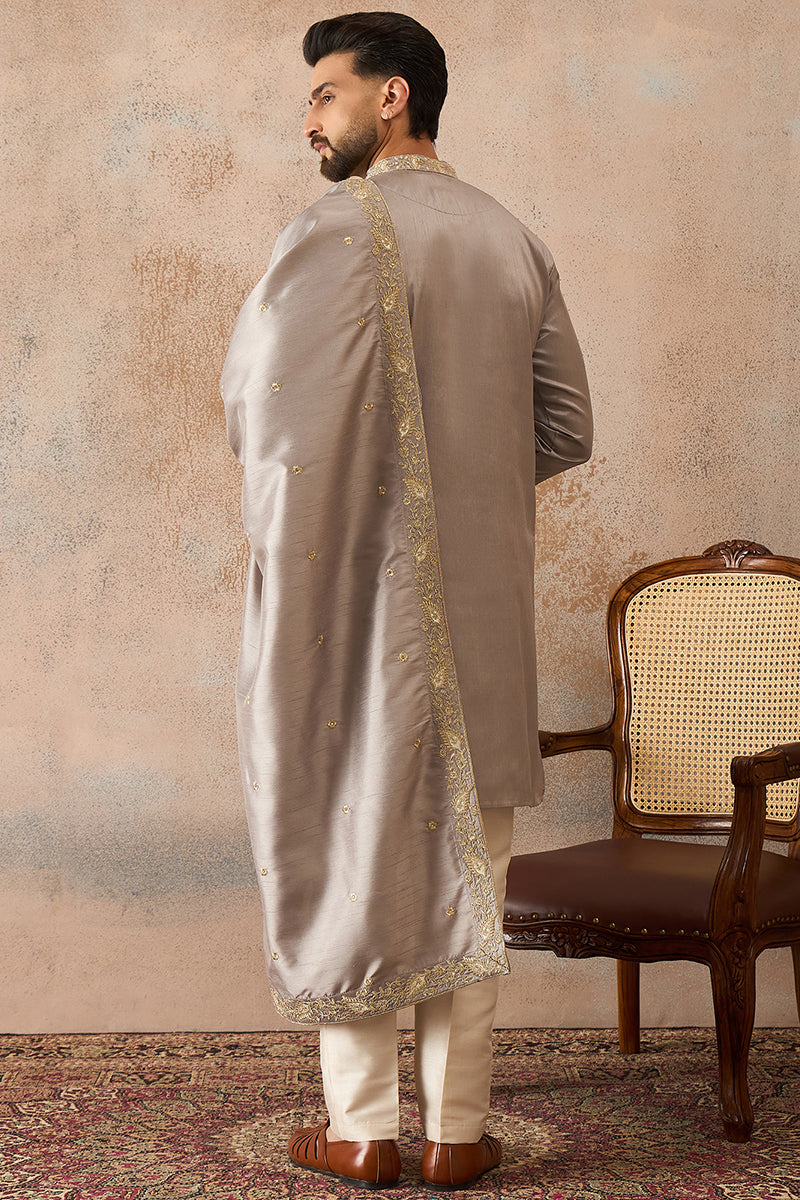 Grey Silk Blend Embroidered Ethnic Kurta with Dupatta MKUD1044