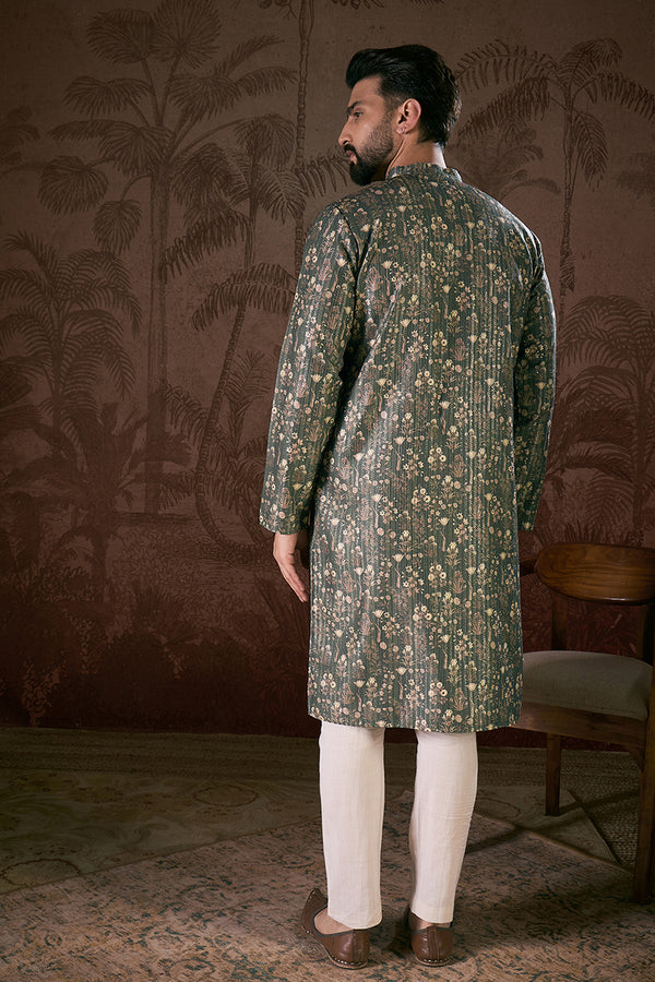 Olive Silk Blend Floral Printed Straight Kurta With Trouser MKSET1911