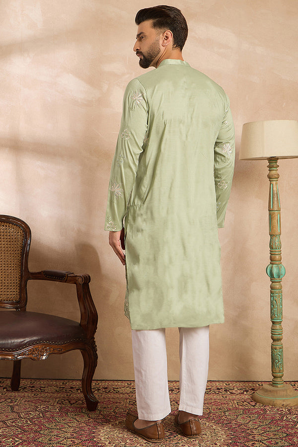 Olive Silk Blend Solid Embroidered Straight Kurta With Trouser MKSET1682
