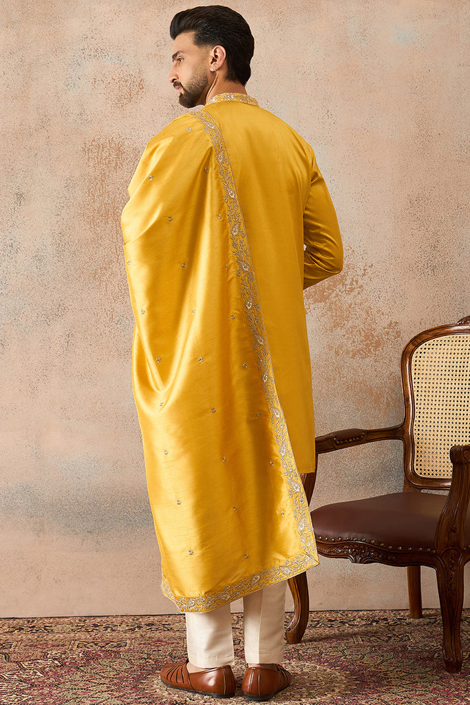 Yellow Silk Blend Embroidered Ethnic Kurta with Trousers & Dupatta MKPD1023