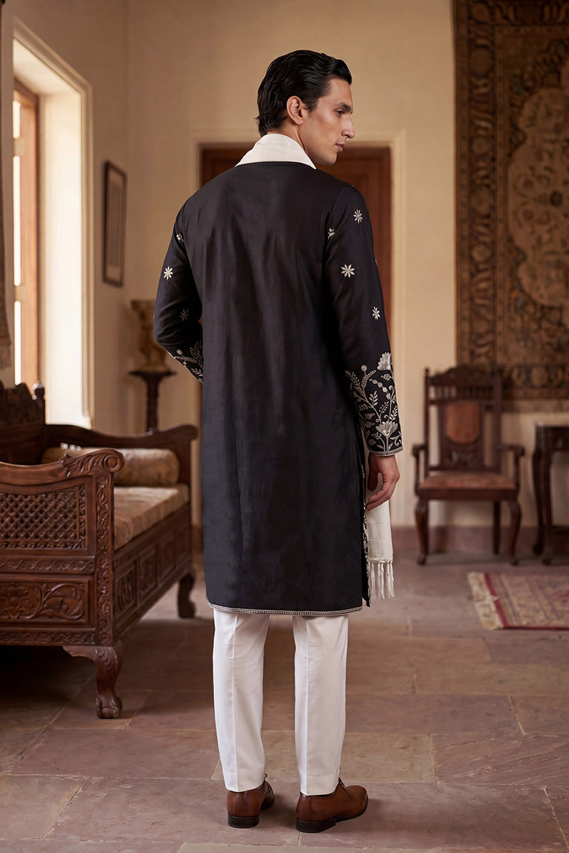 Black Silk Blend Solid Embroidered Straight Kurta Sets MKPD1782