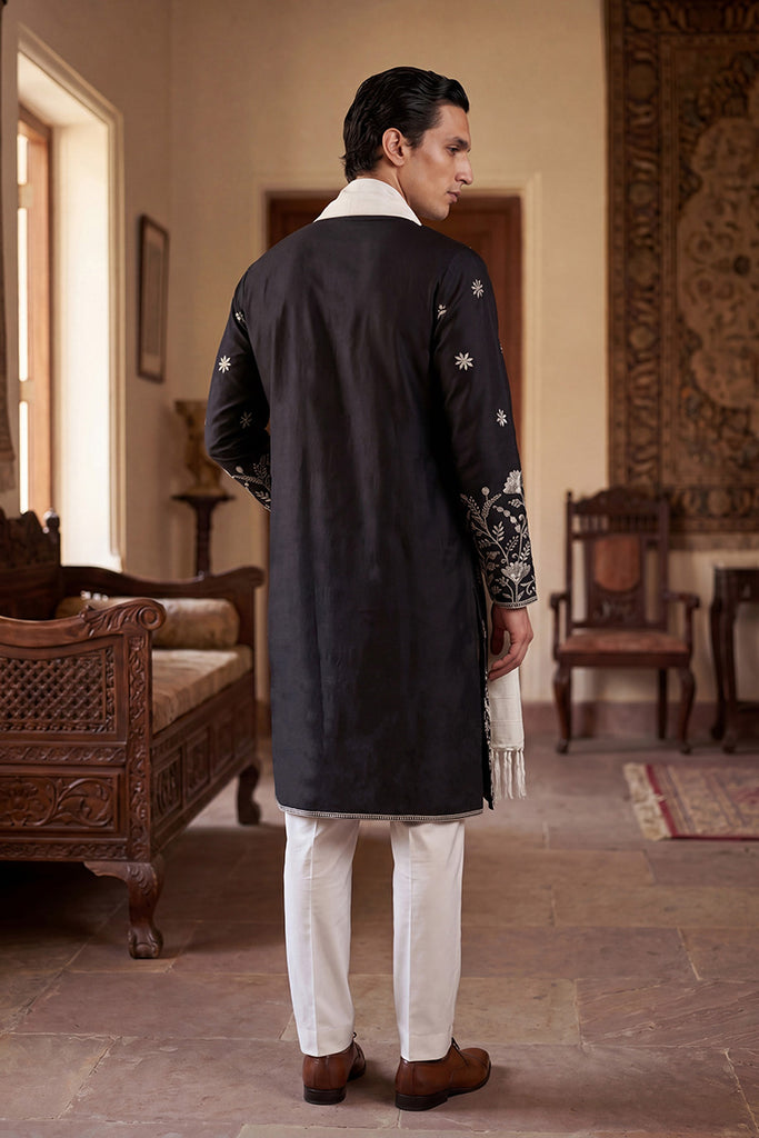 Black Silk Blend Solid Embroidered Straight Kurta Sets MKPD1782