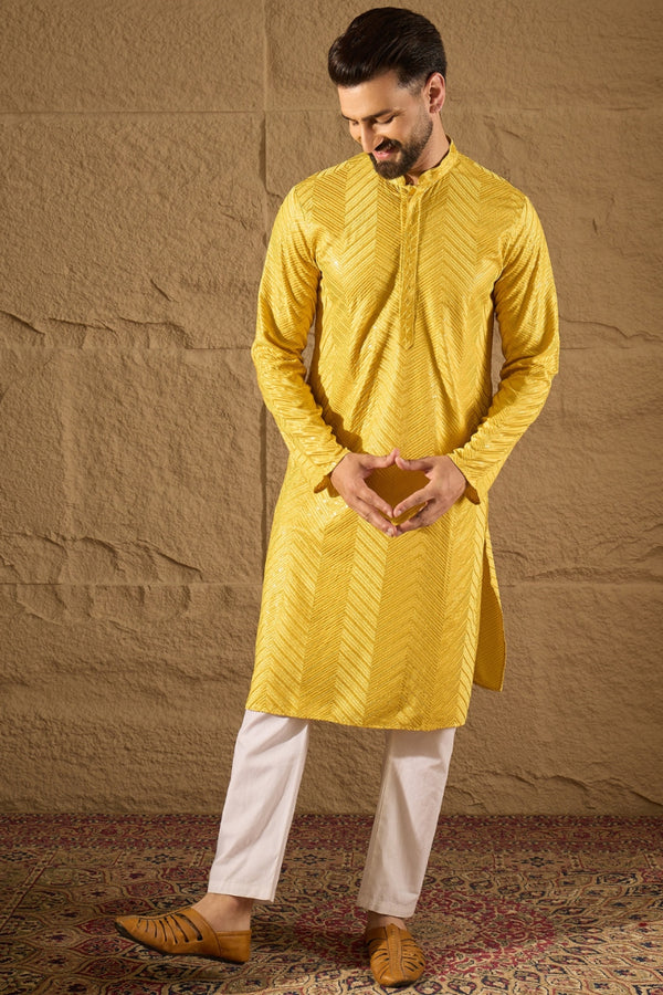 Yellow Viscose Rayon Solid Embroidered Straight Kurta MKU1204
