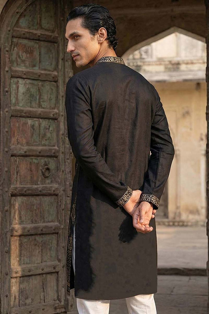 Silk Blend Black Solid Embroidered Calf Length Straight Kurta With Trousers MKSET2128