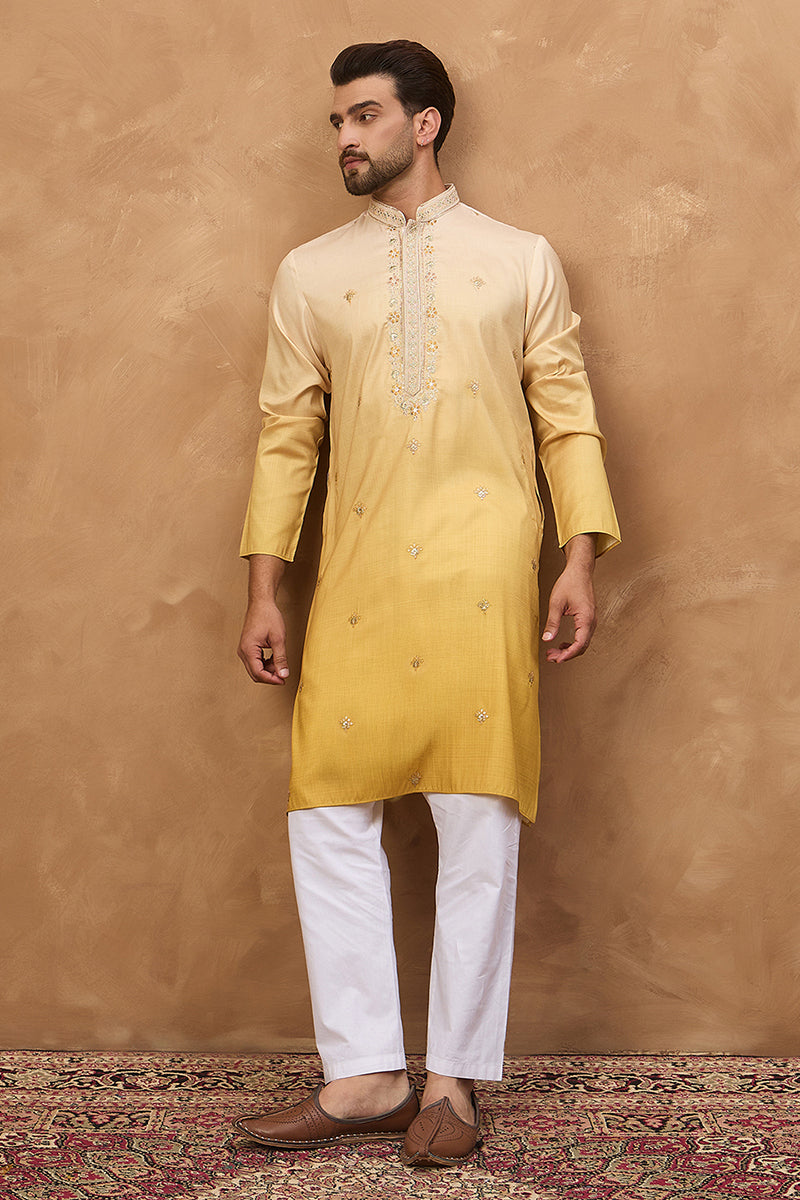 Yellow Silk Blend Solid Embroidered Straight Kurta MKU1486