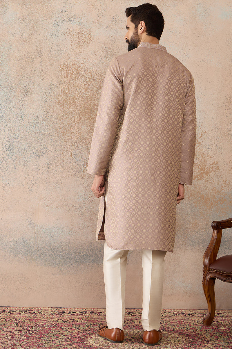 Taupe Jacquard Ethnic Motifs Embroidered Kurta With Trouser MKSET2324