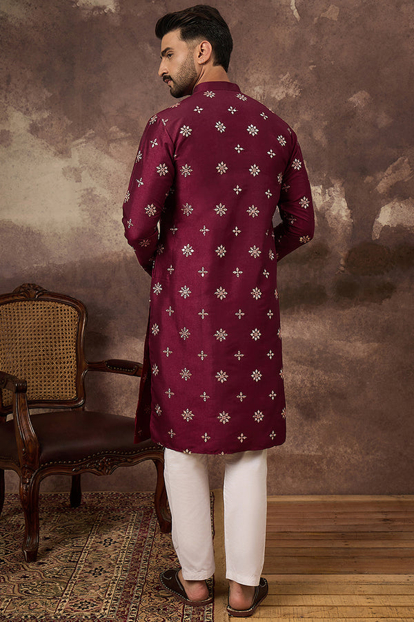 Maroon Silk Blend Solid Embroidered Straight Kurta With Pant Set MKSET1369