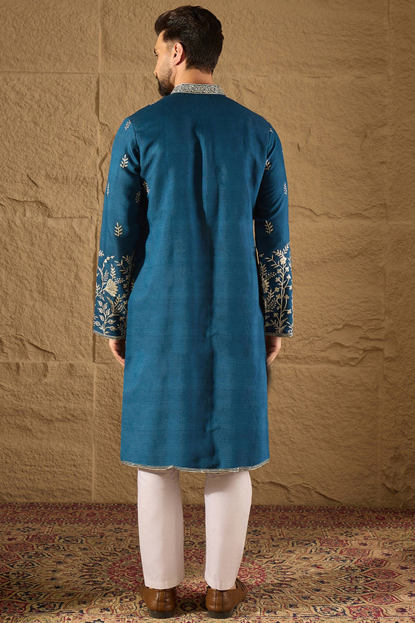 Blue Chanderi Silk Solid Embroidered Straight Kurta with Trouser MKSET1315