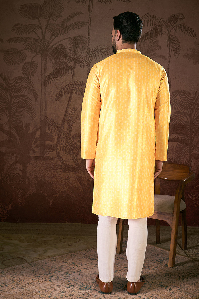 Yellow Silk Blend Ethnic Motifs Printed Straight Kurta With Trouser MKSET1952