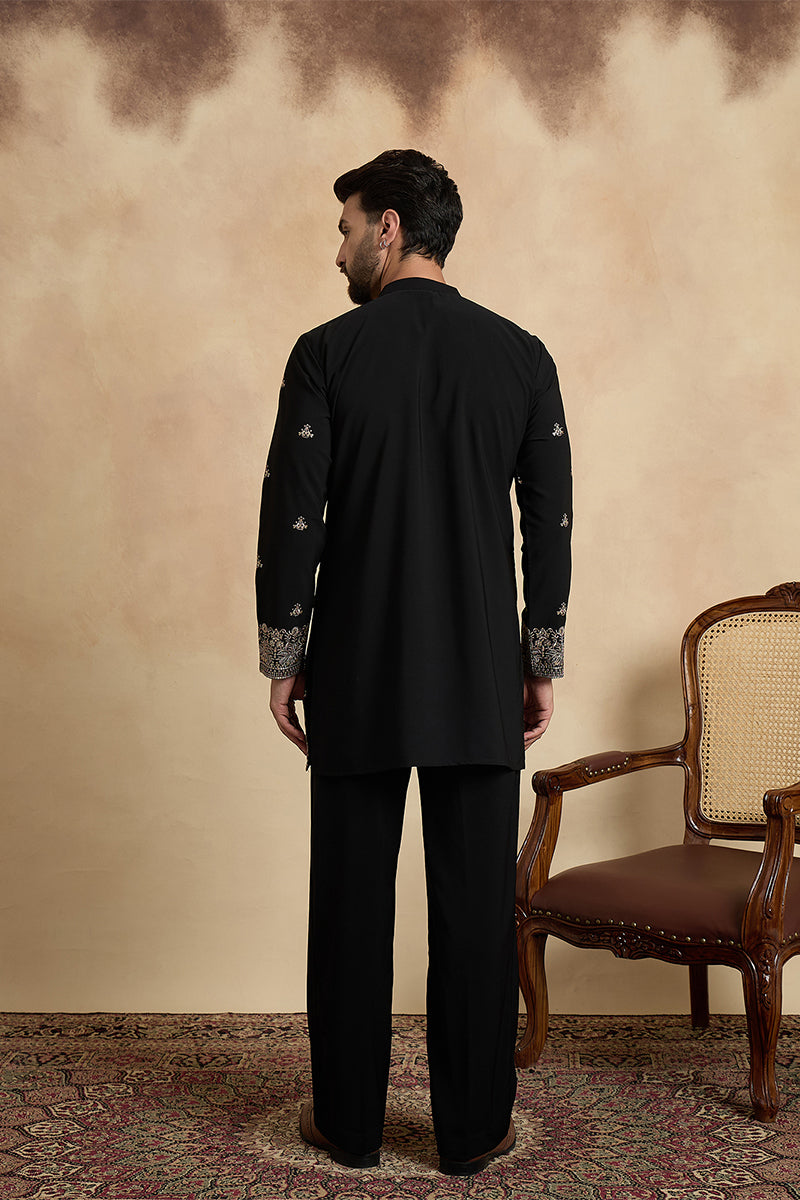Black Silk Blend Solid Embroidered Kurta MKU2376