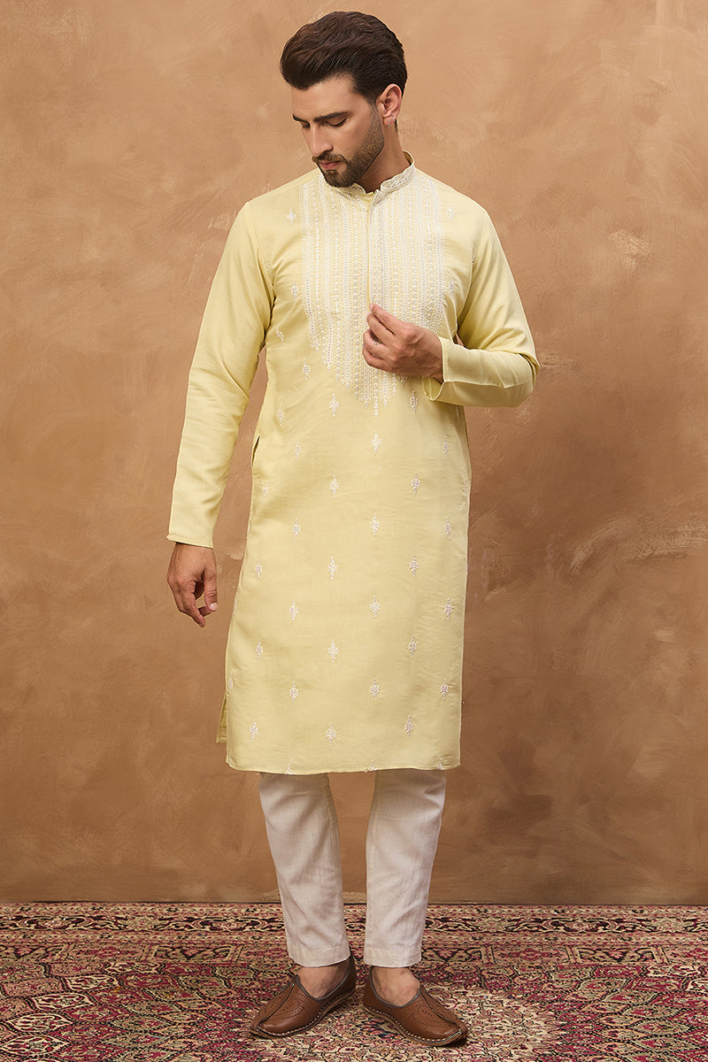 Yellow Silk Blend Solid Embroidered Straight Kurta MKU1509