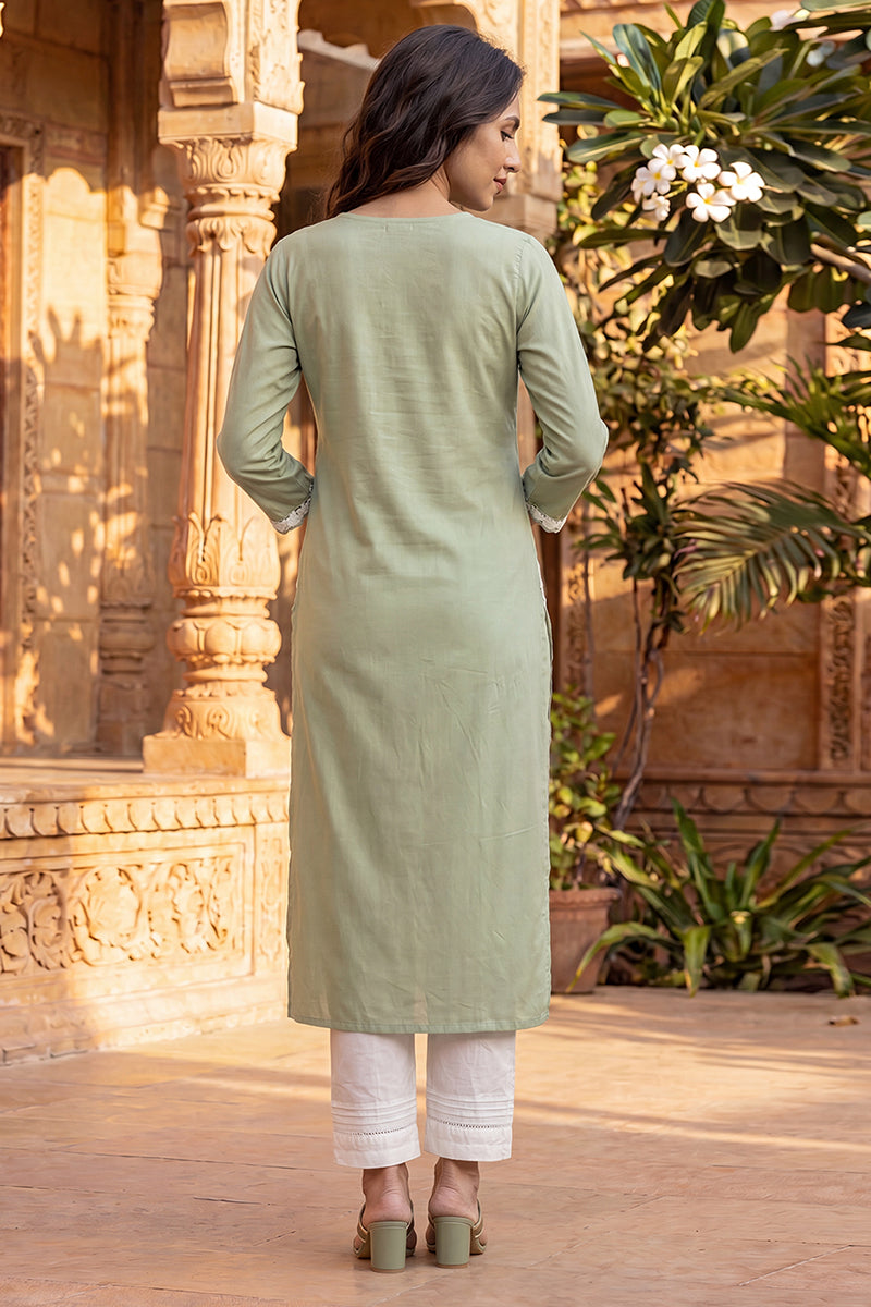 Green Viscose Rayon Solid Embroidered Regular Kurta VCK9813