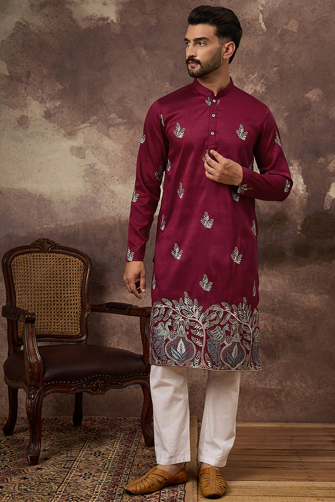 Maroon Silk Blend Solid Embroidered Straight Kurta with Trouser MKSET1346