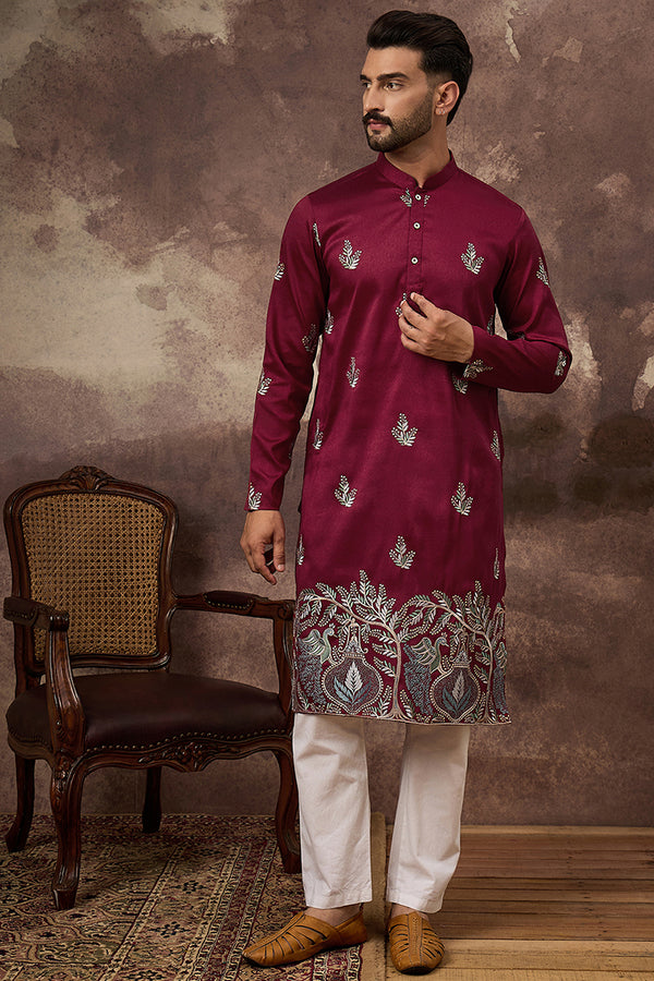 Maroon Silk Blend Solid Embroidered Straight Kurta with Trouser MKSET1346