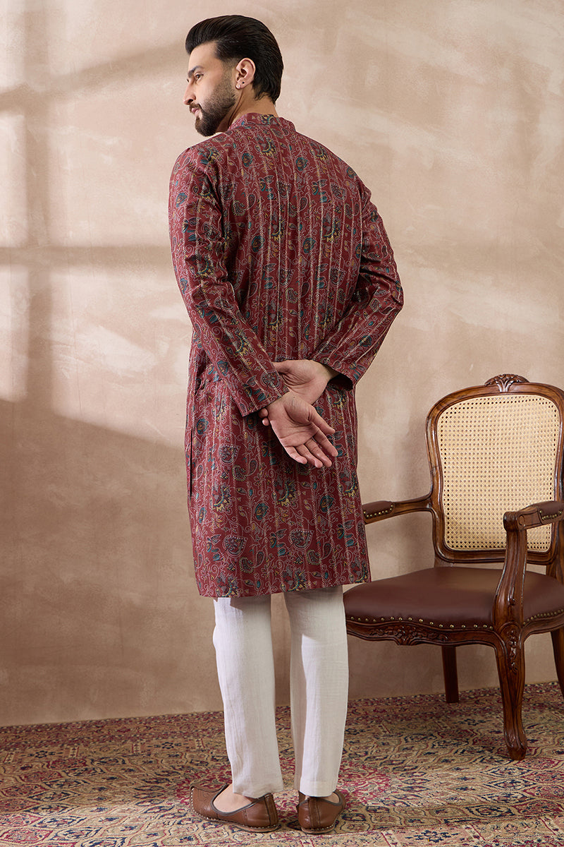 Maroon Silk Blend Printed Mandarin Collar Straight Kurta MKU2025