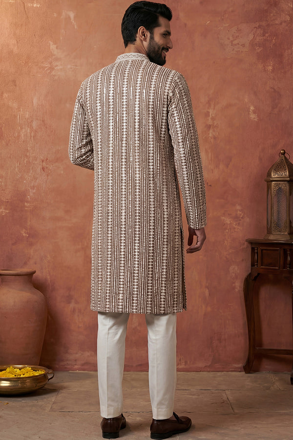 Brown Viscose Rayon Embroidered Kurta With Trousers MKSET2178
