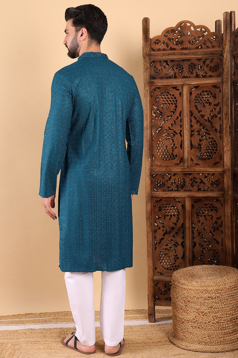 Teal Viscose Rayon Solid Embroidered Straight Kurta For Men MKU1022TIL