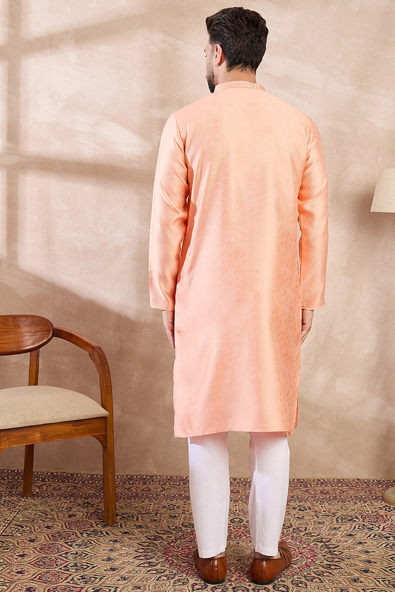 Peach Silk Blend Solid Embroidered Straight Kurta With Trouser MKSET1840