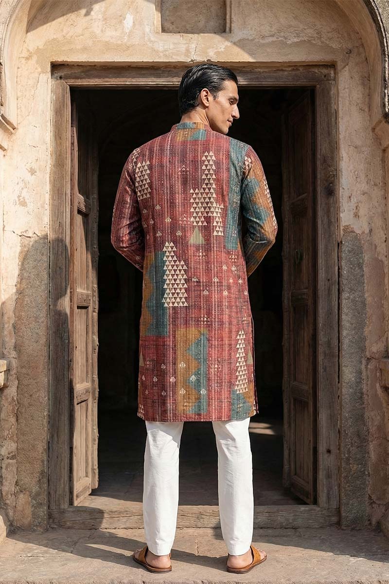 Brown Silk Blend Printed Straight Kurta With Trousers MKSET2177