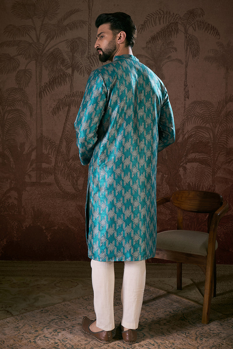 Turquoise Blue Silk Blend Chevron Printed Straight Kurta MKU1916