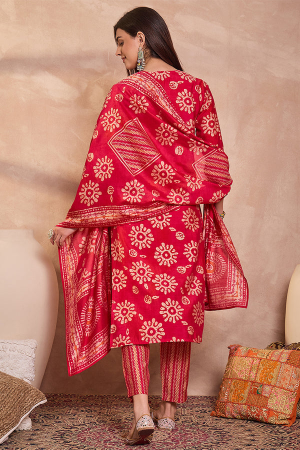 Pink Cotton Blend Abstract Printed Straight Kurta Trouser With Dupatta VKSKD3213