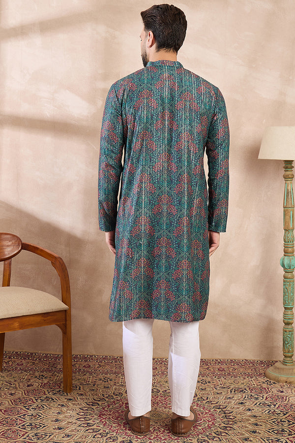 Blue Silk Blend Floral Printed Straight Kurta MKU1974