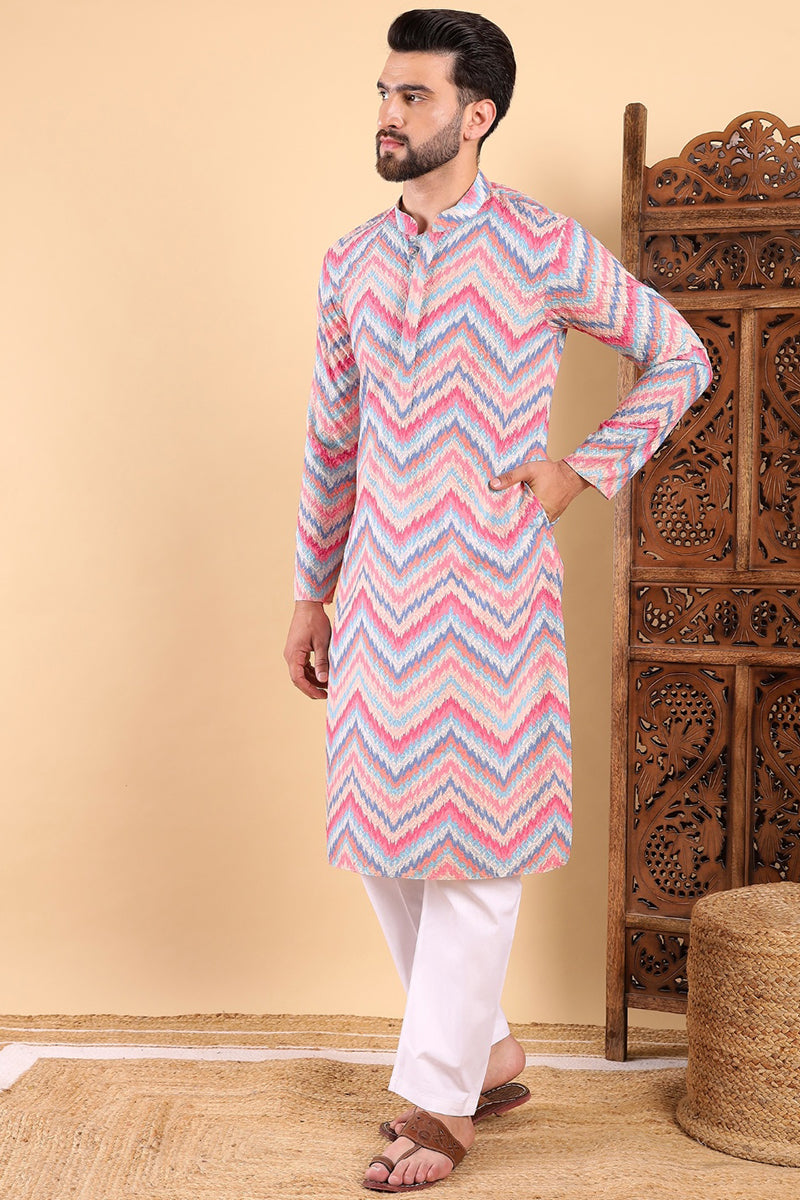Pink Viscose Rayon Ikat Embroidered Straight Kurta For Men MKU1008PNK