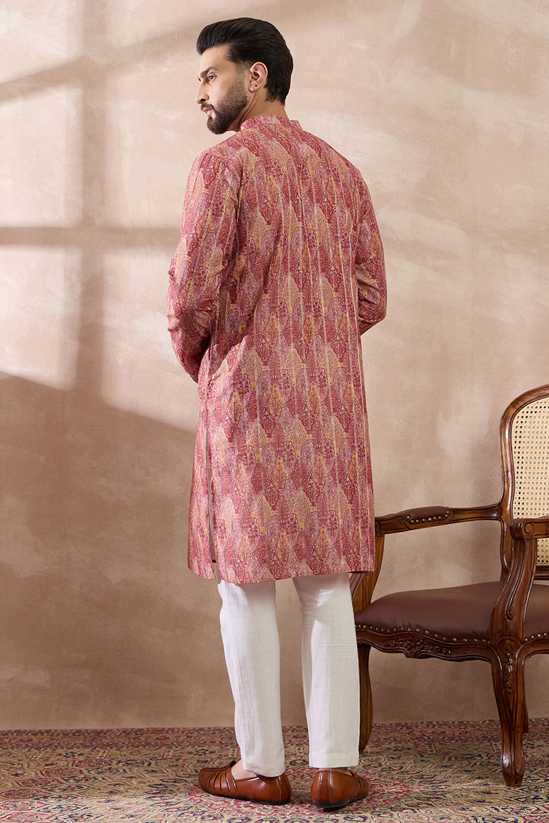 Pink Silk Blend Printed Mandarin Collar Straight Kurta With Trouser MKSET2054