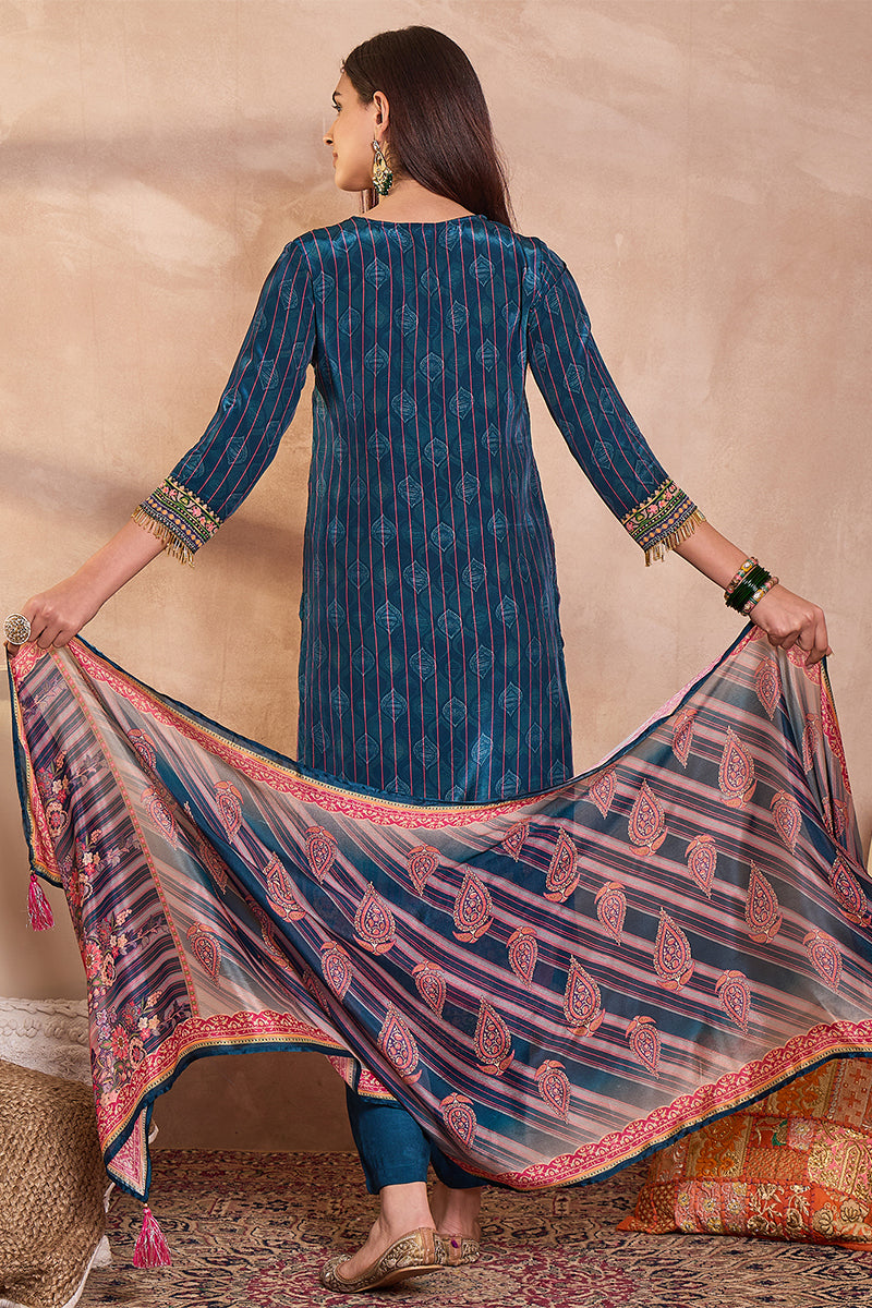 Blue Viscose Rayon Embroidered Kurta Trouser With Dupatta  HPKSKD2800