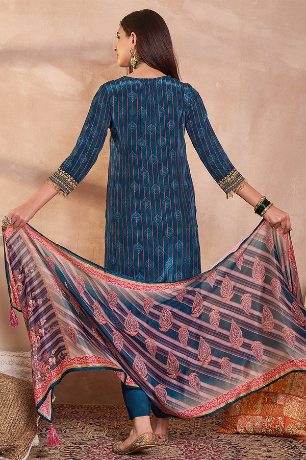 Blue Viscose Rayon Embroidered Kurta Trouser With Dupatta  HPKSKD2800