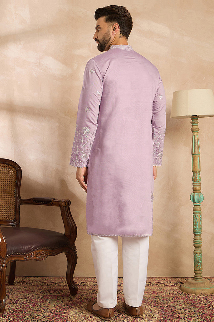 Lavender Silk Blend Floral Embroidered Straight Kurta With Trouser MKSET1781