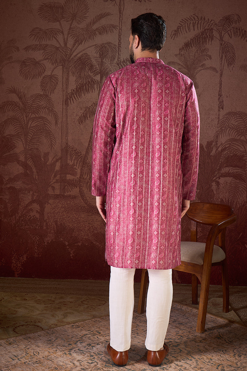 Maroon Silk Blend Ethnic Motifs Printed Straight Kurta With Trouser MKSET1928
