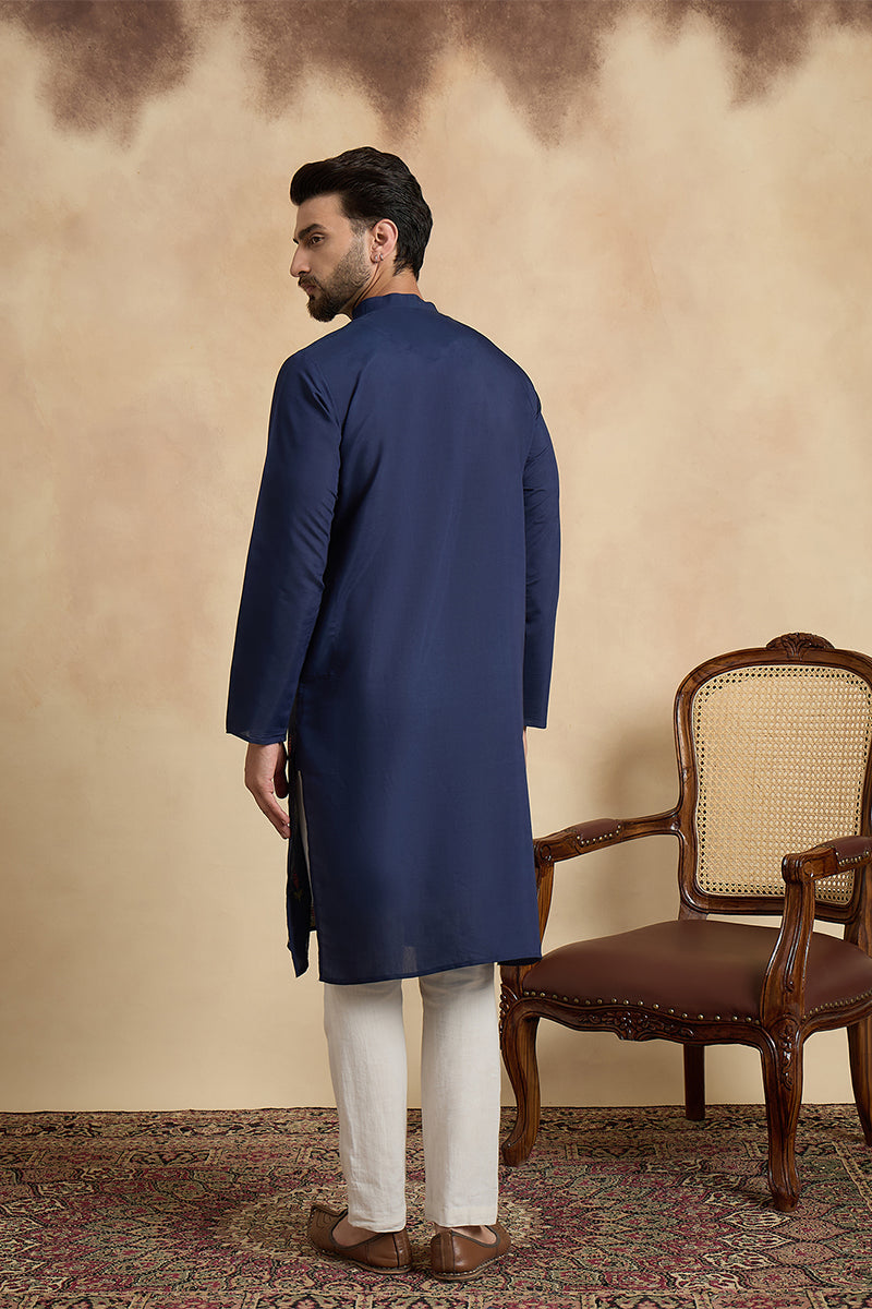 Navy Blue Silk Blend Solid Embroidered Thread Work Kurta With Trouser MKSET2468
