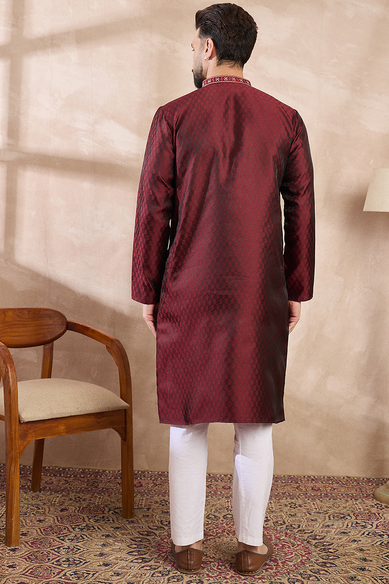 Maroon Silk Blend Solid Woven Design Straight Kurta MKU1896