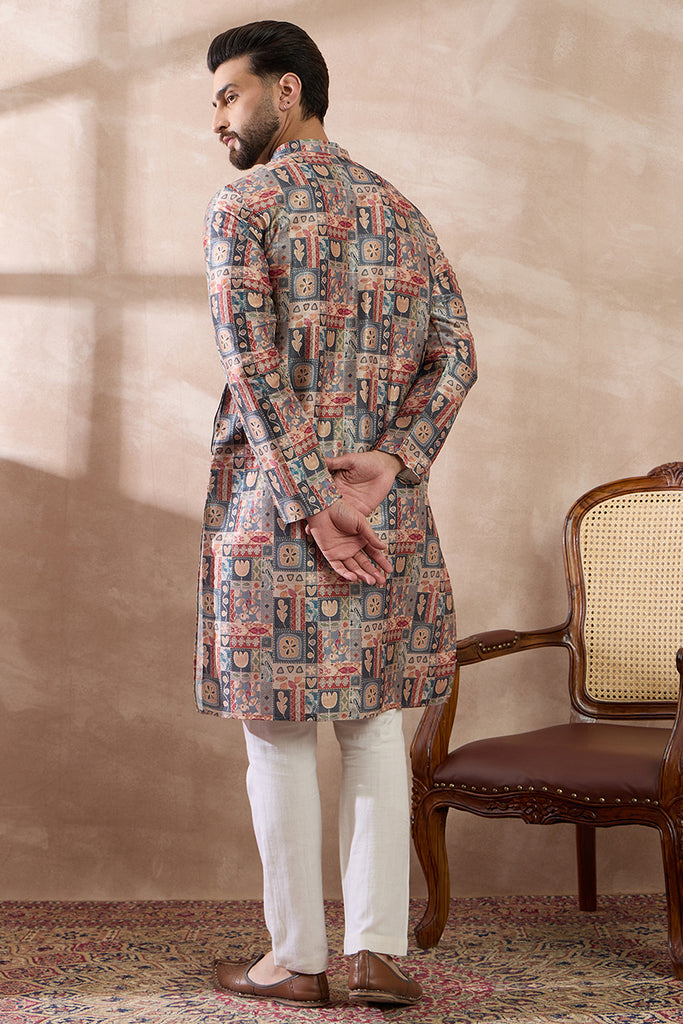 Multi Silk Blend Printed Mandarin Collar Straight Kurta MKU2001