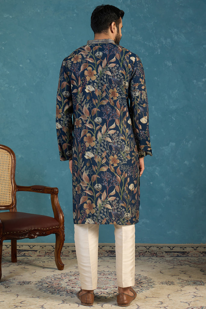 Blue Modal Floral Printed Calf Length Straight Regular Kurta With Trouser MKSET1978