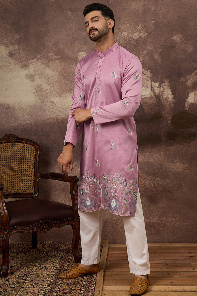 Pink Silk Blend Solid Embroidered Straight Kurta with Trouser MKSET1347