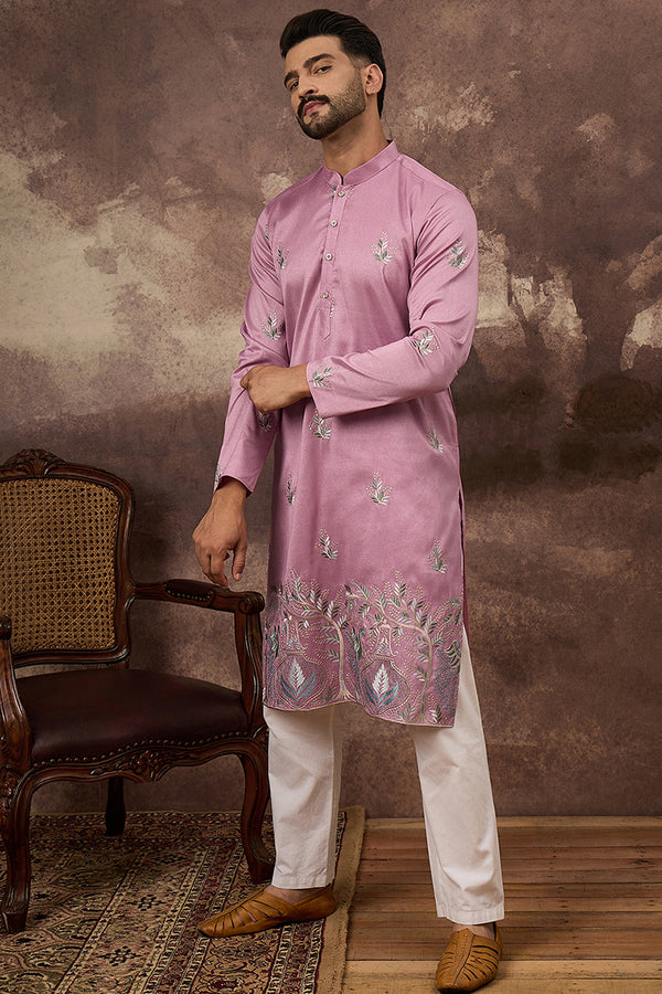 Pink Silk Blend Solid Embroidered Straight Kurta with Trouser MKSET1347