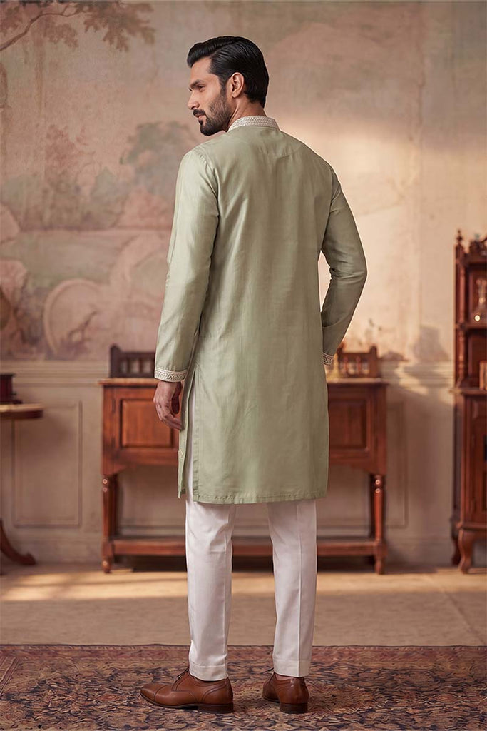 Green Silk Blend Solid Embroidered Kurta MKU2153