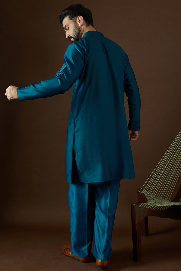 Navy Blue Silk Blend Solid Embroidered Kurta With Trouser MKSET2063
