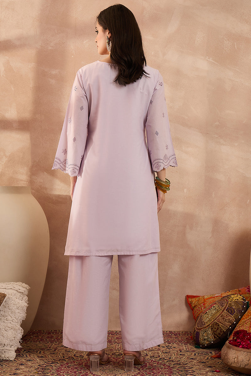 Lavender Pure Cotton Embroidered Scalloped Coord Sets VCORD1162