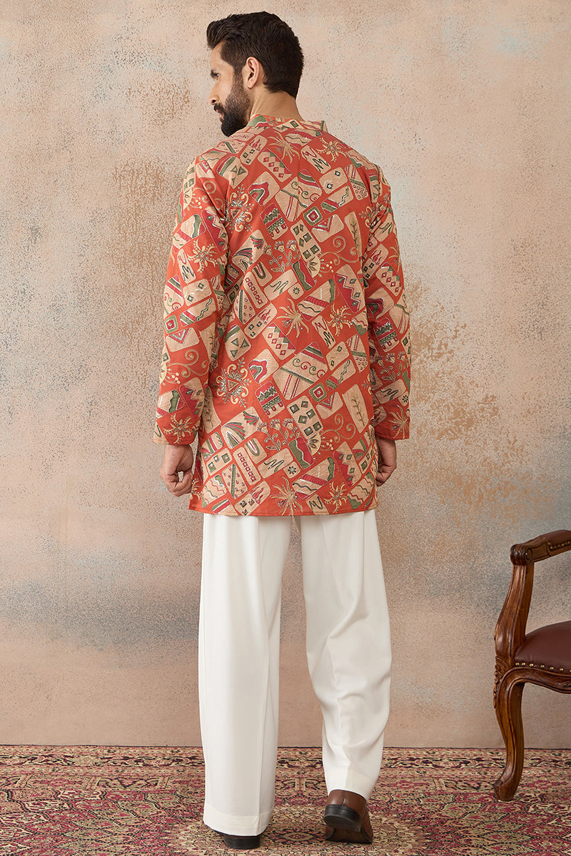 Coral Silk Blend Abstract Embroidered Kurta With Trouser MKSET2458