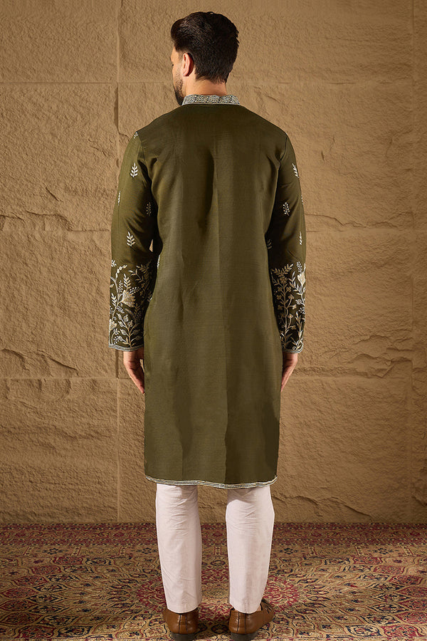 Olive Chanderi Silk Solid Embroidered Straight Kurta with Trouser MKSET1319