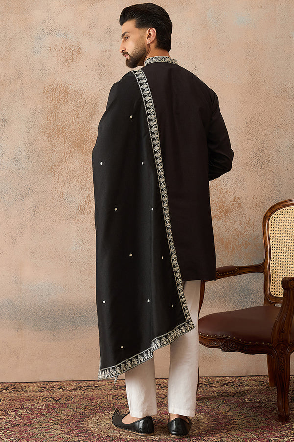 Black Silk Blend Solid Embroidered Kurta & Trouser With Dupatta MKPD1012