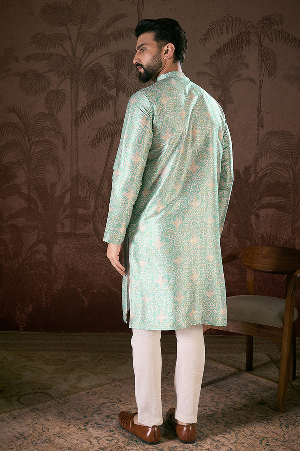 Turquoise Blue Silk Blend Abstract Printed Straight Kurta MKU1967